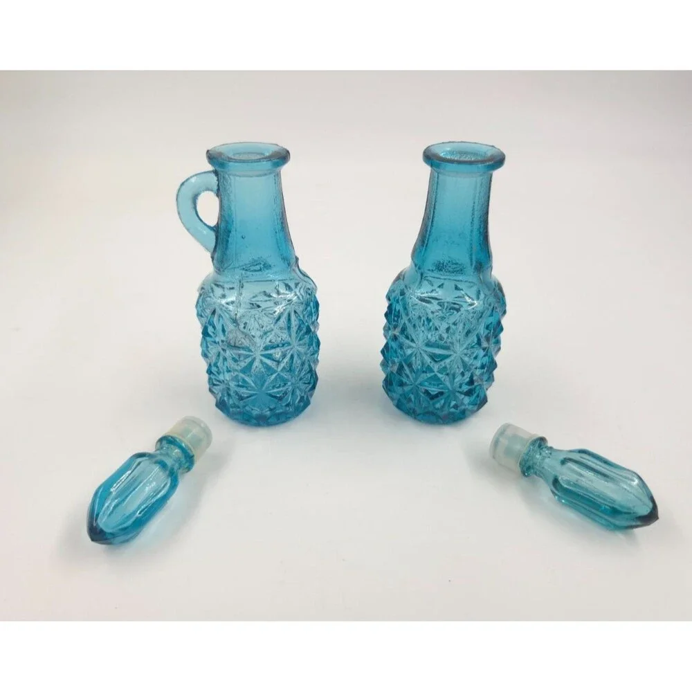 Vintage Indiana Glass Teal Oil & Vinegar Cruet Starburst - Hard to Find Set